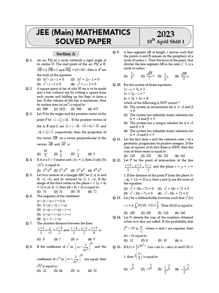 JEE 2023 Mathematics Solved Paper | PDF | Circle | Equations