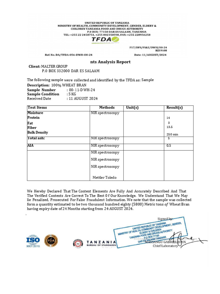 Wheat Bran Analysis for Malter Group | PDF