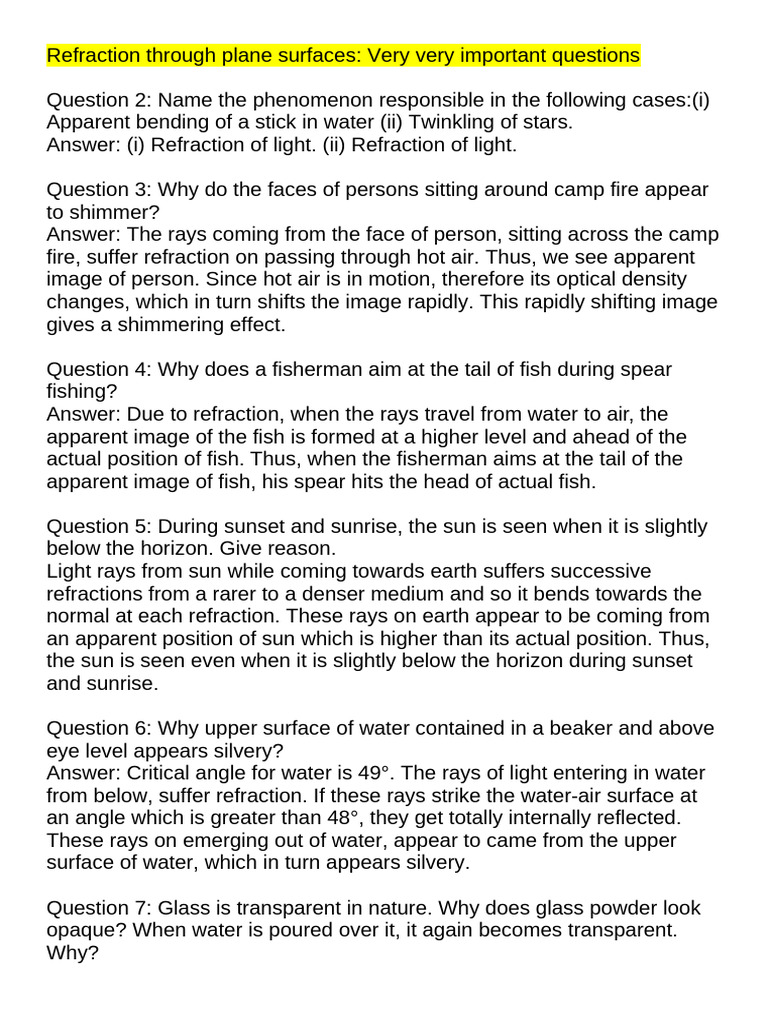 Key Questions on Light Refraction | PDF | Refraction | Reflection (Physics)