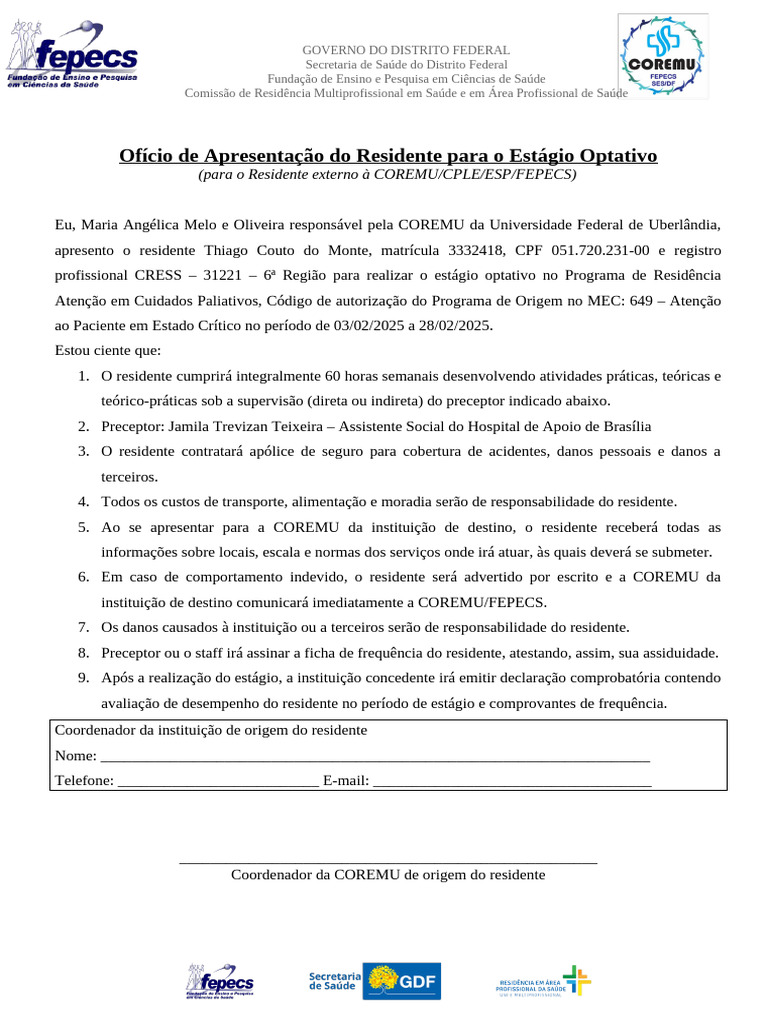 Ofício de Apresentação Do Residente para o Estágio Optativo (Para o ...
