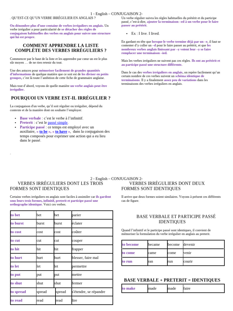 Conjugaison des verbes irréguliers en anglais | PDF | Verbe | Grammaire