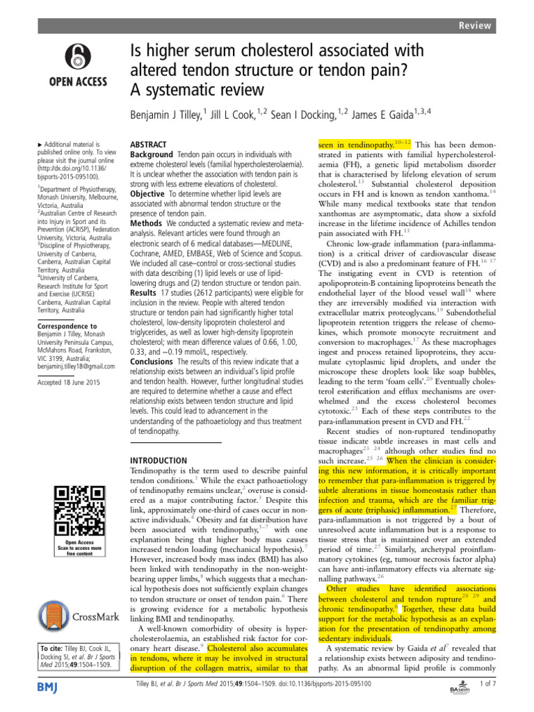 Is Higher Serum Cholesterol Associated With Altered Tendon Structure or ...