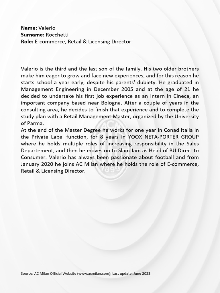 Valerio Rocchetti: AC Milan Director Profile | PDF