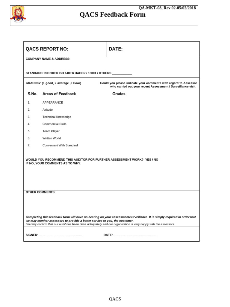QACS Auditor Feedback Form | PDF