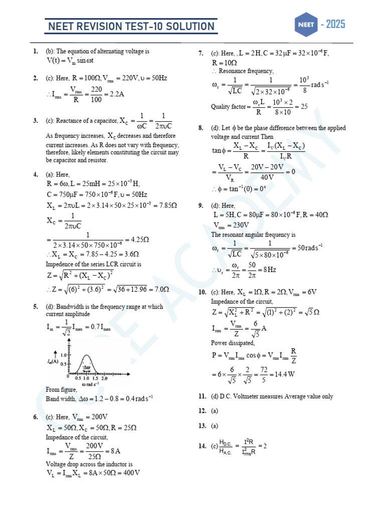 NEET 2025 Revision Test 10 Solutions | PDF | Amine | Aldehyde