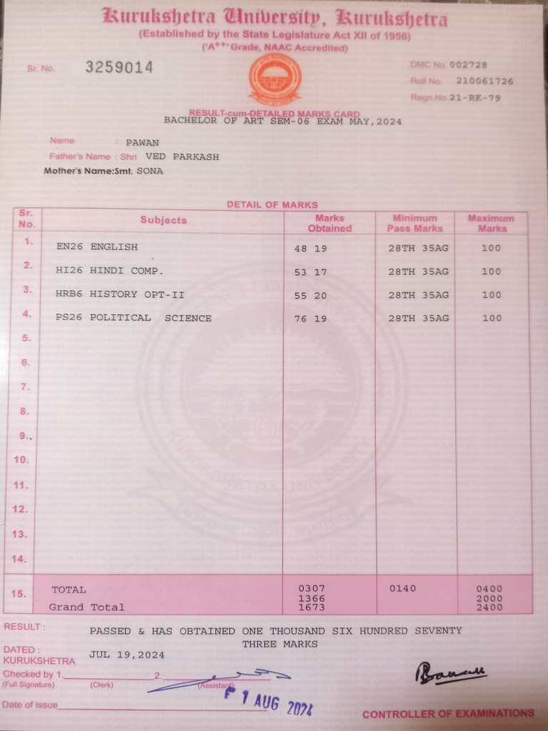 KUK BA 6th Sem DMC Download Guide | PDF