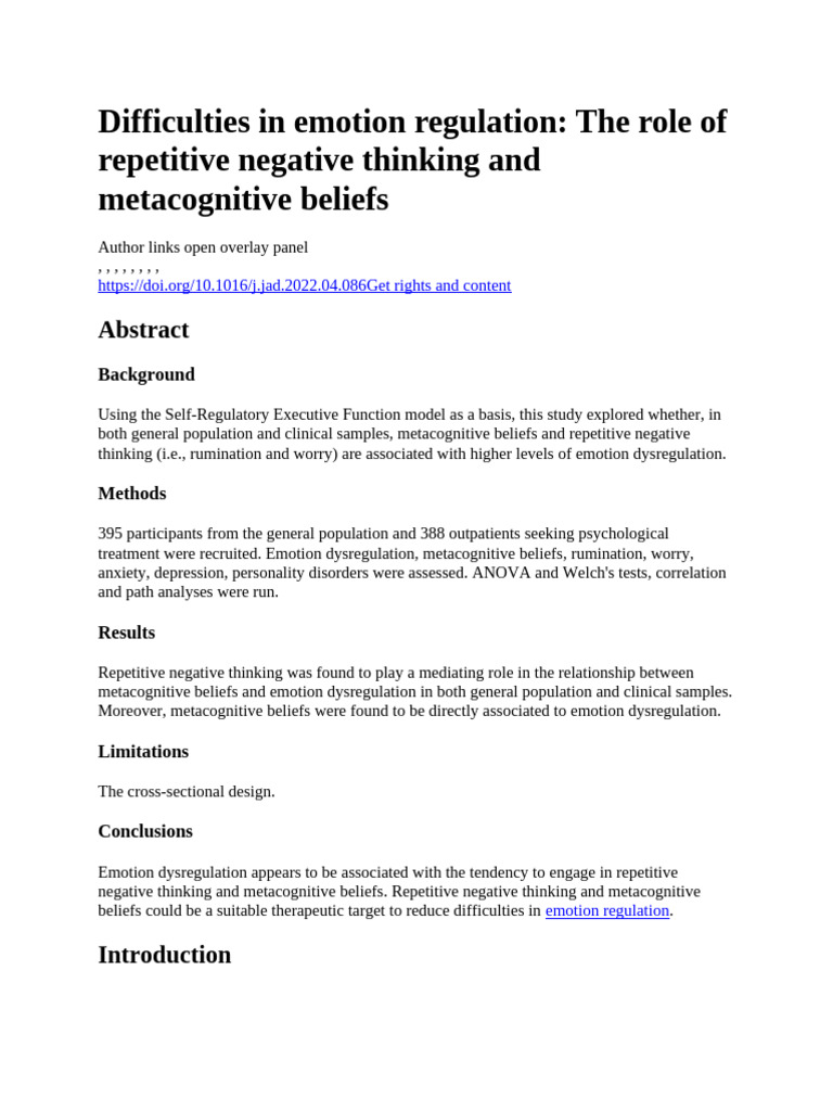 Difficulties in Emotion Regulation | PDF | Metacognition | Emotional ...