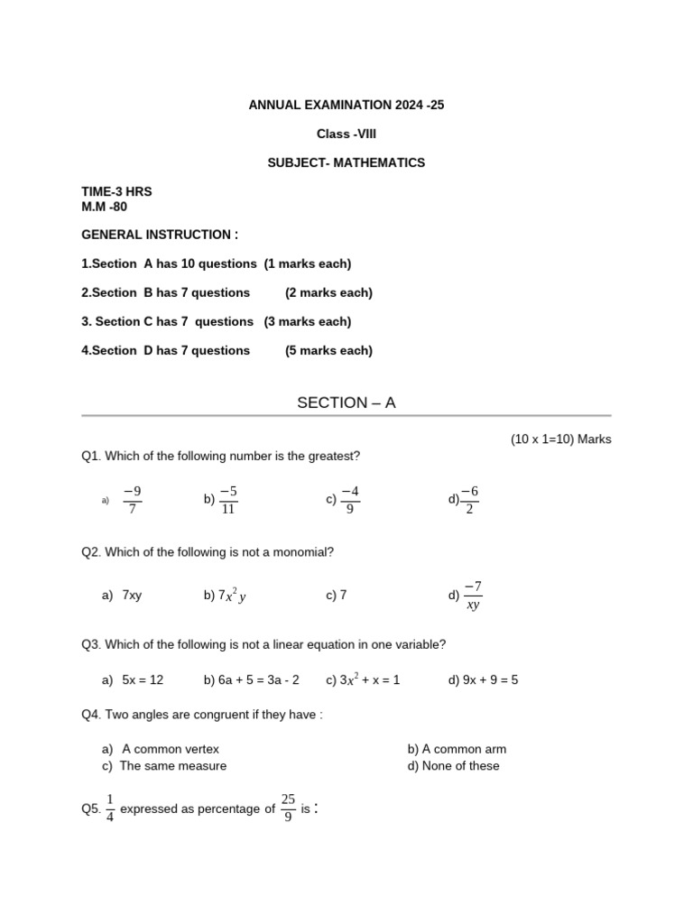 Class 8 Maths Annual Exam Paper 2024-25 | PDF | Mean | Elementary ...