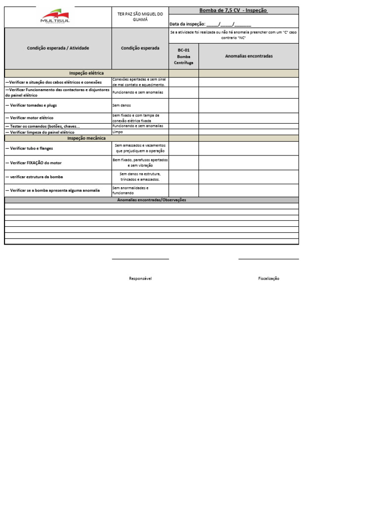 Check List de Inspecao BOMBAS | PDF | Bens manufaturados | Máquinas