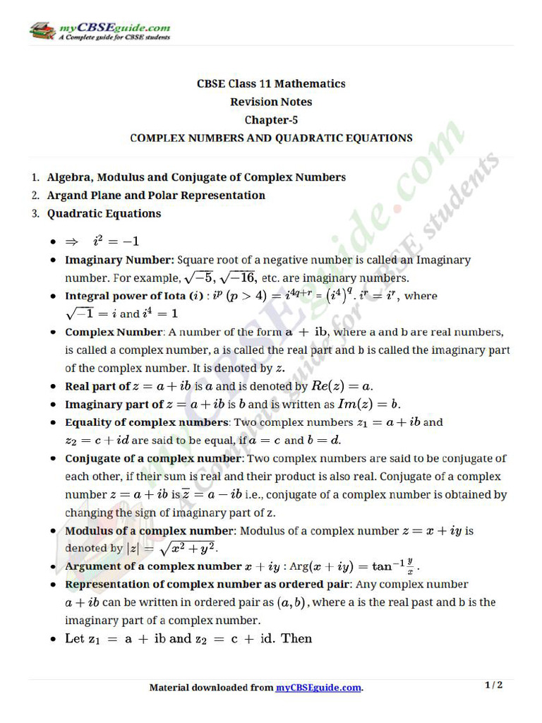 11 Maths Notes 05 Complex Numbers and Quadratic Equations | PDF