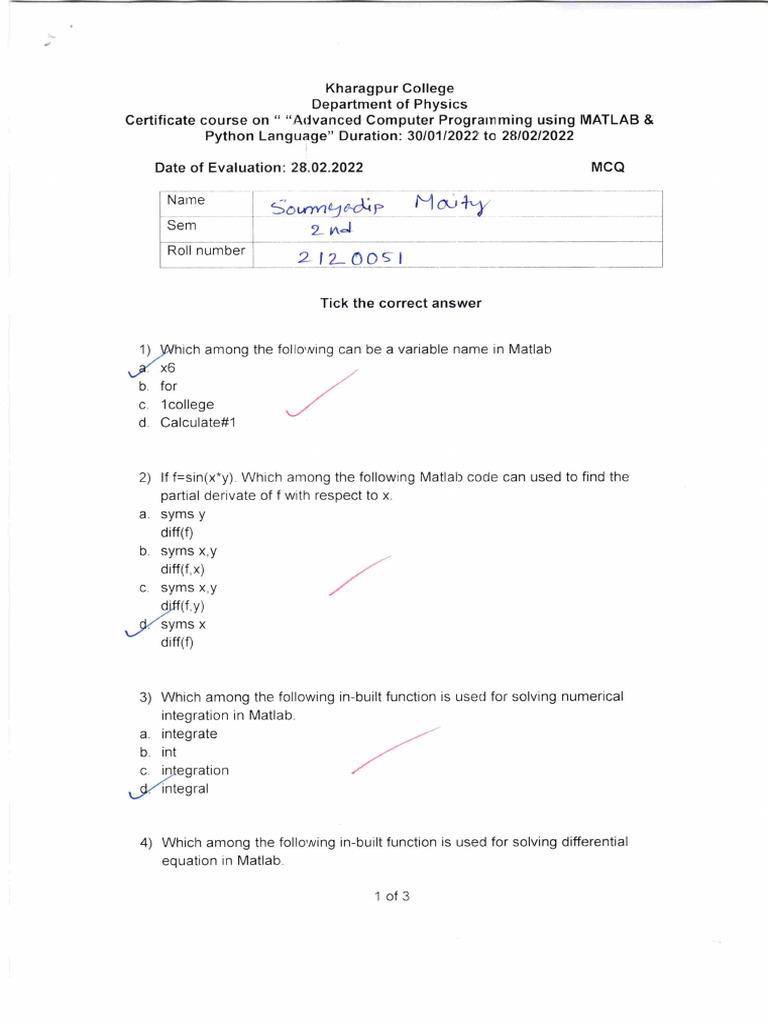 Physics MATLAB Evaluation 2022 Answer Scripts | PDF