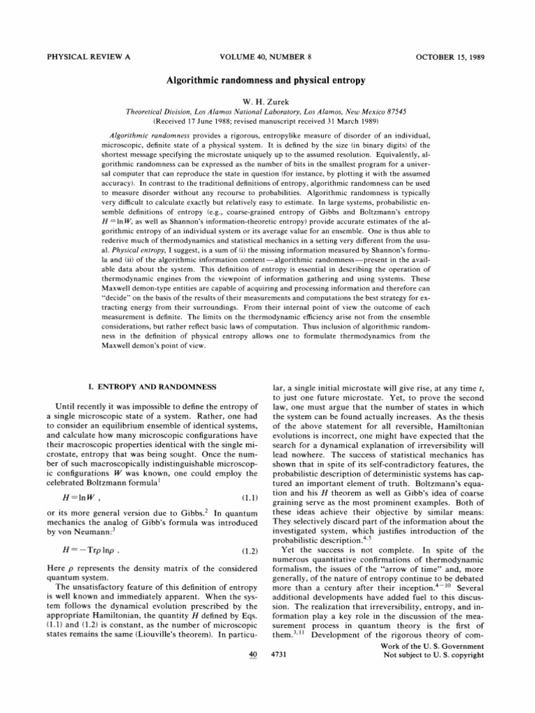 Zurek1989 Algorithmic Randomness and Physical Entropy | PDF | Entropy ...
