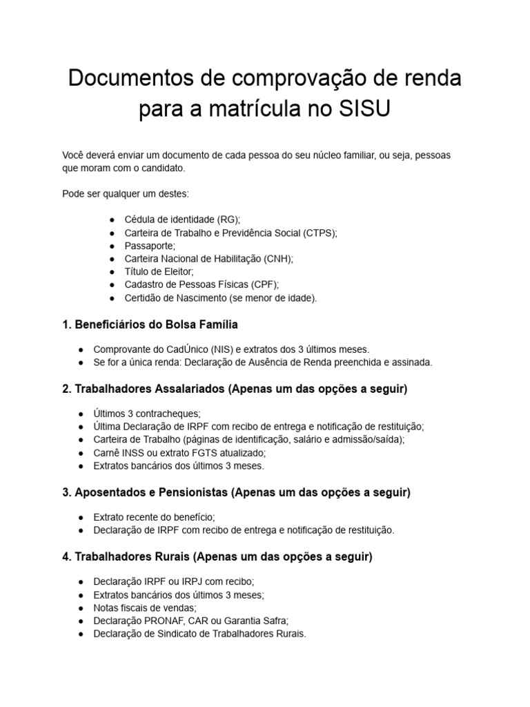 Comprovantes de Renda para SISU | PDF