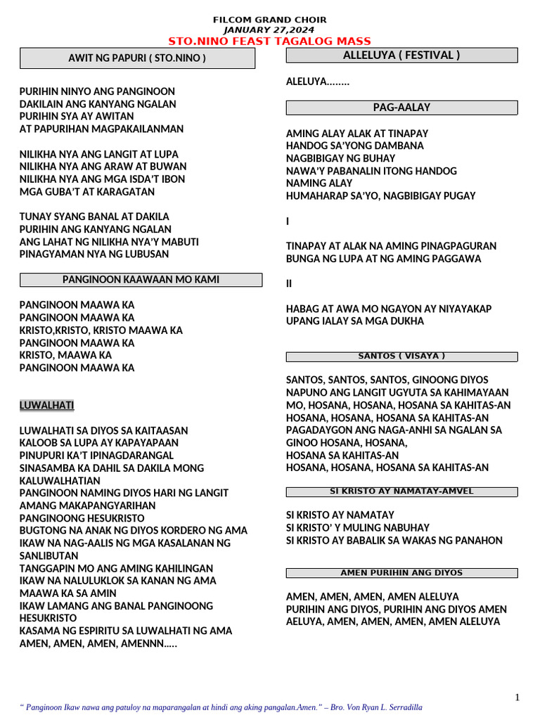 GC Sto - Nino Tagalog Mass January 272024 | PDF