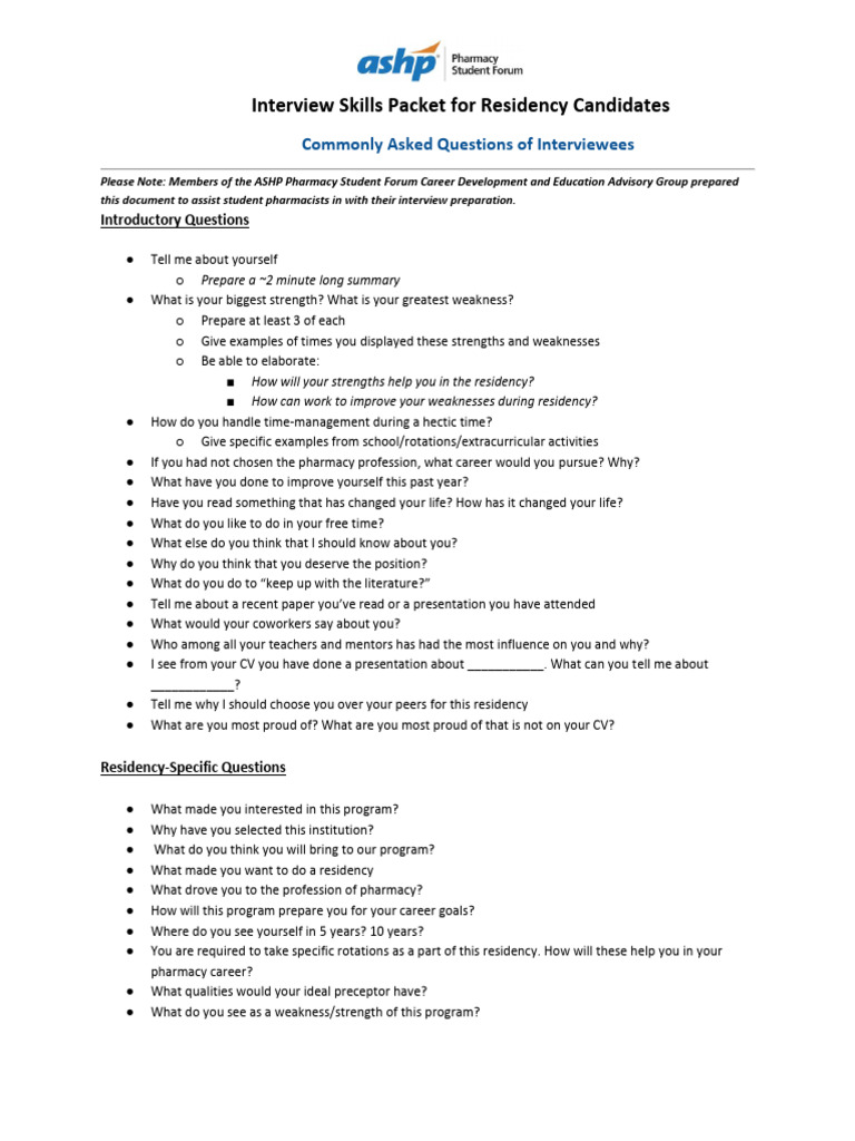 PSF Residency Interview Skills Packet | PDF | Pharmacy | Health Care