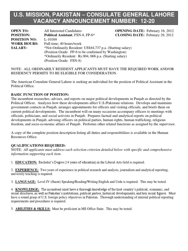 Political Assistant Vacancy in Lahore | PDF | Residency (Medicine ...