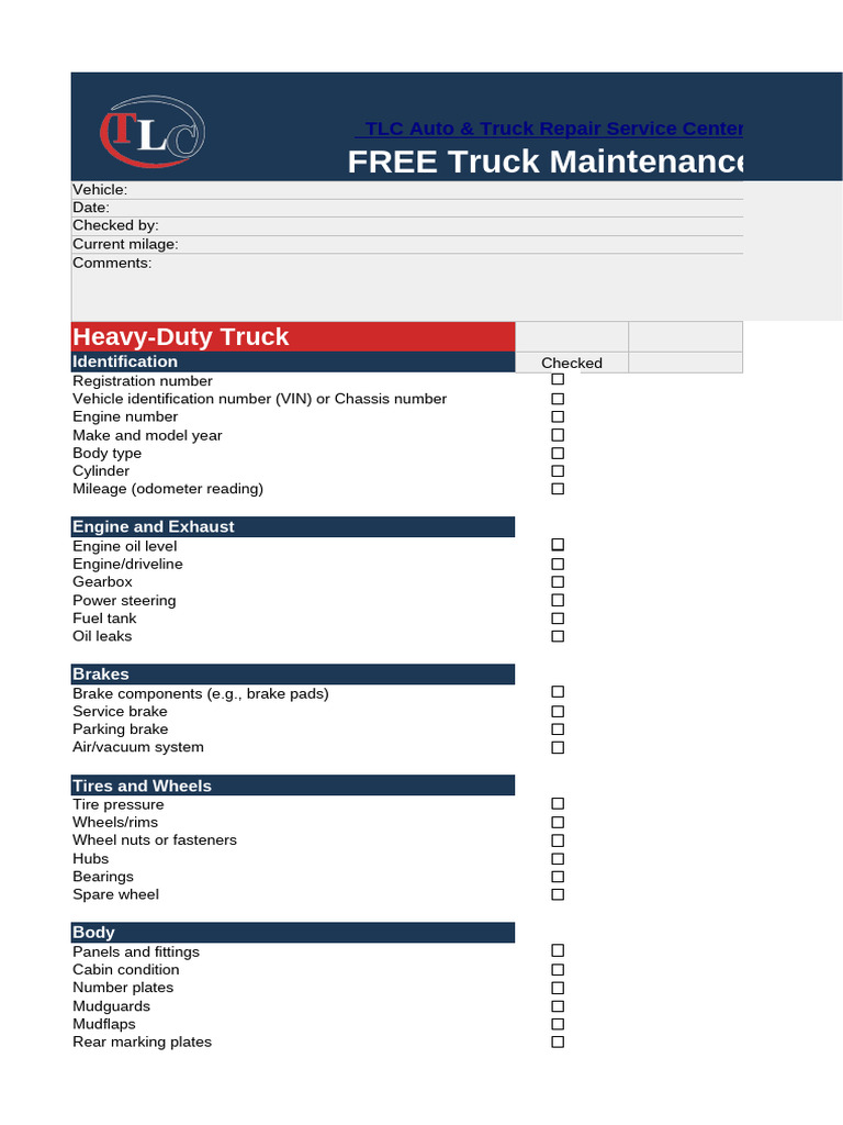 Free Truck Maintenance Checklist | PDF | Truck | Brake