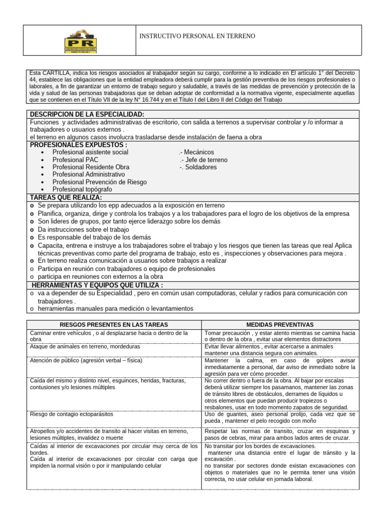 Instructivo de Seguridad para Trabajadores en Terreno | PDF | Protector ...