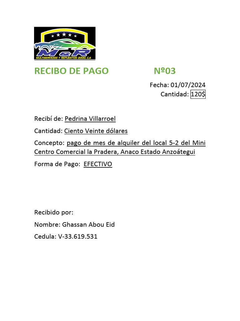 Recibo de Pago Alquiler Local Anaco | PDF