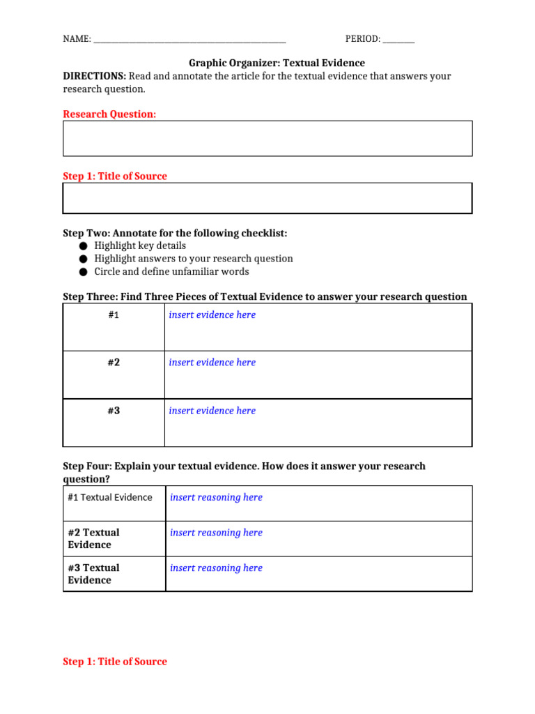 Graphic Organizer for Textual Evidence | PDF | Evidence | Information ...