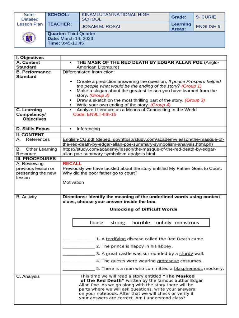 Grade 9 English Lesson Plan: Poe's "The Masque of the Red Death" | PDF