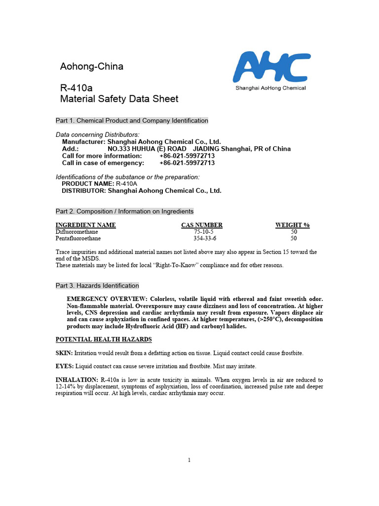 R-410A Safety Data Sheet Overview | PDF | Fires | Combustion