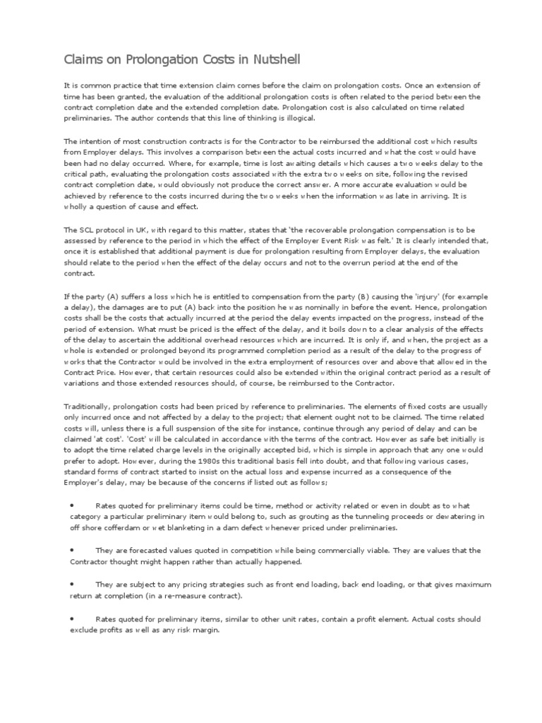 Prolongation Cost Claims in Construction | PDF | Cost | Insurance