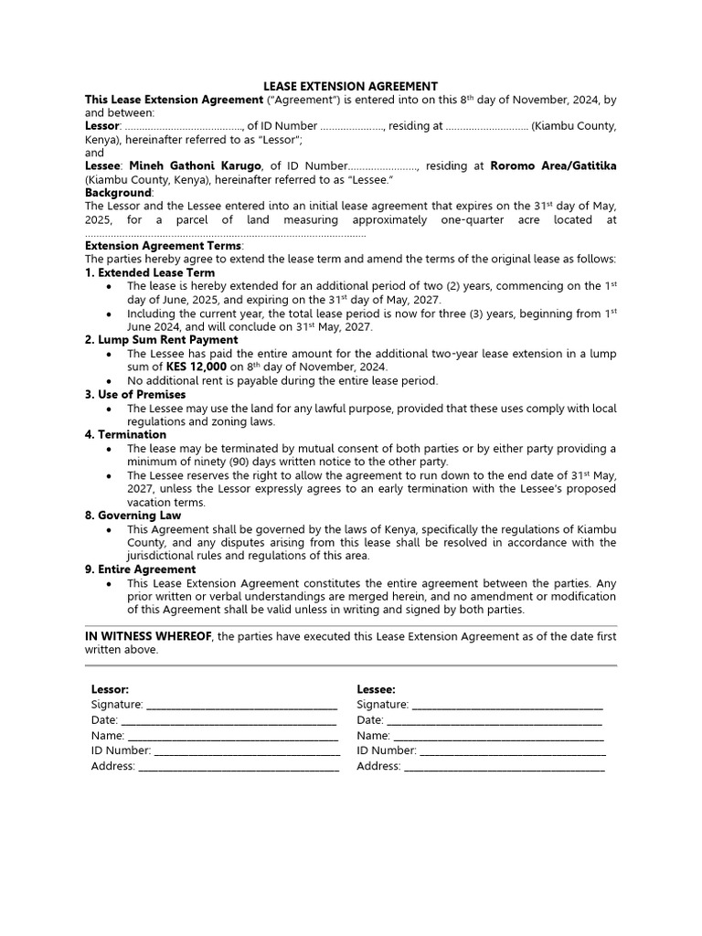 Lease Extension Agreement in Kiambu | PDF | Lease | Common Law