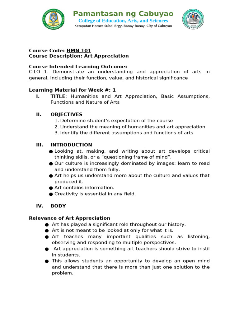 Week 1-LearnMat-Art Appreciation, Naturen and Functions of Arts | PDF ...