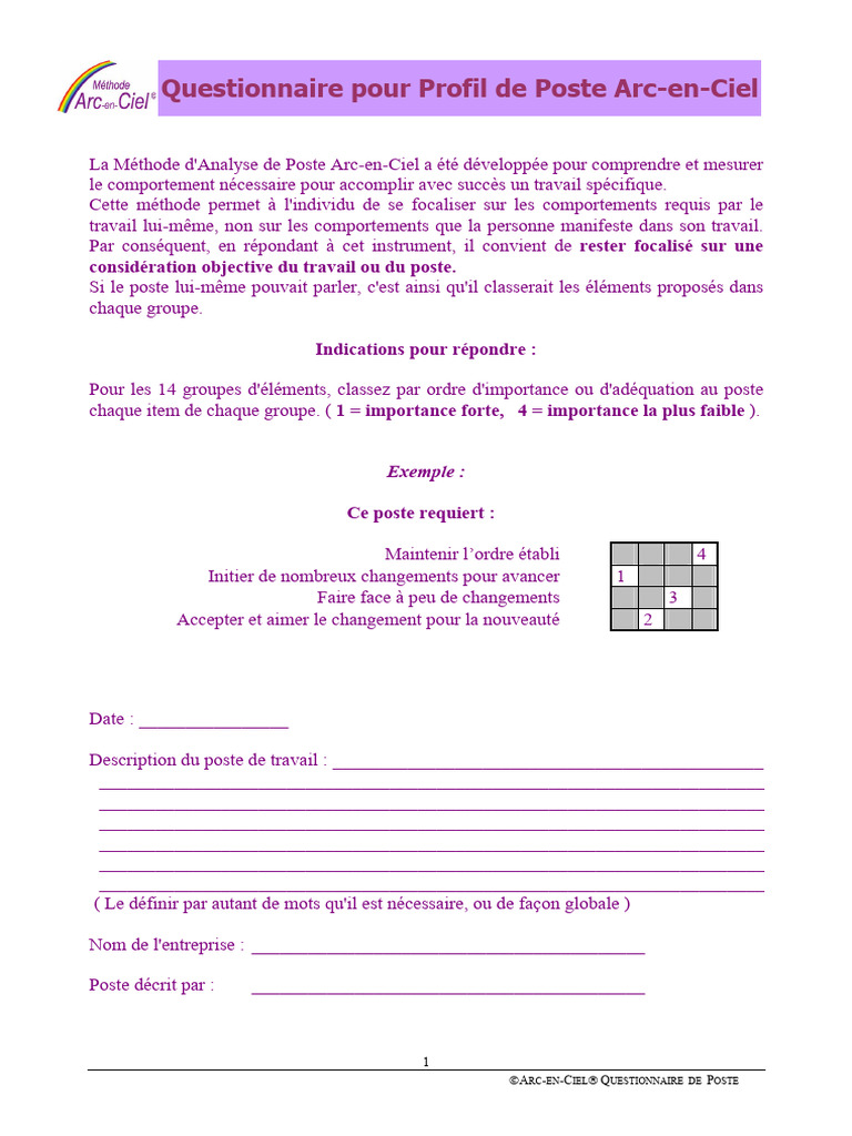 Questionnaire d'Analyse de Poste Arc-en-Ciel | PDF | Psychologie ...