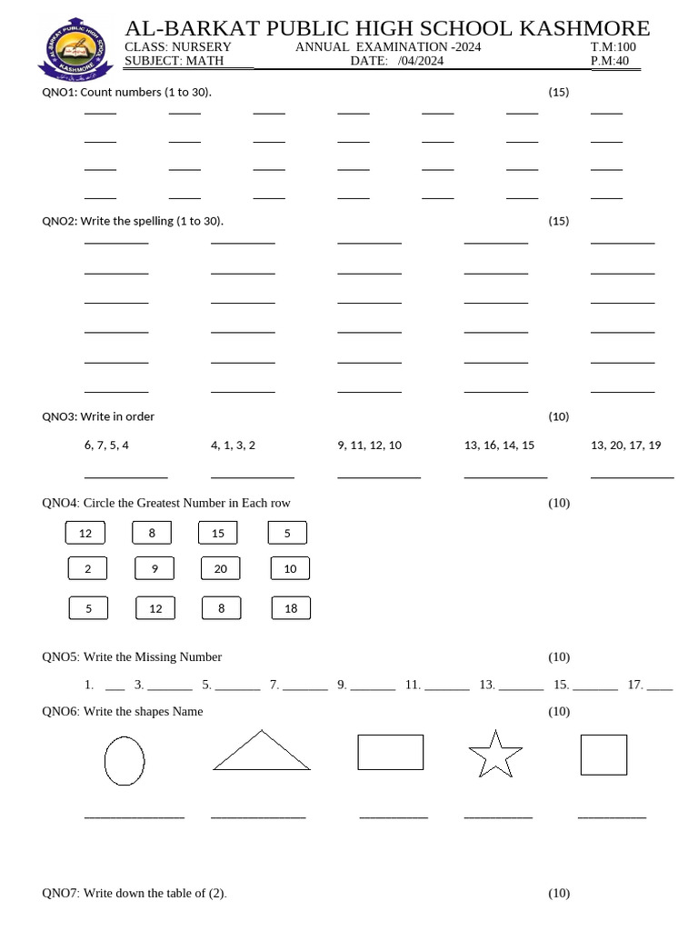 Class nursery math clear pdf