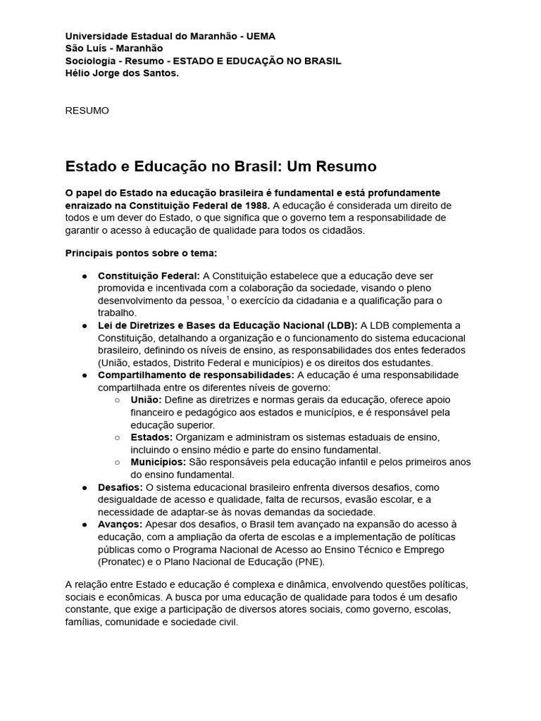 Resumo - o Estado de Educação No Brasil | PDF | Brasil