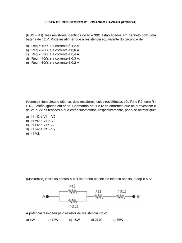 Questões sobre Associação de Resistores | PDF