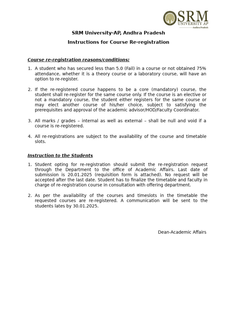 SRM AP Course Re-registration Guide | PDF