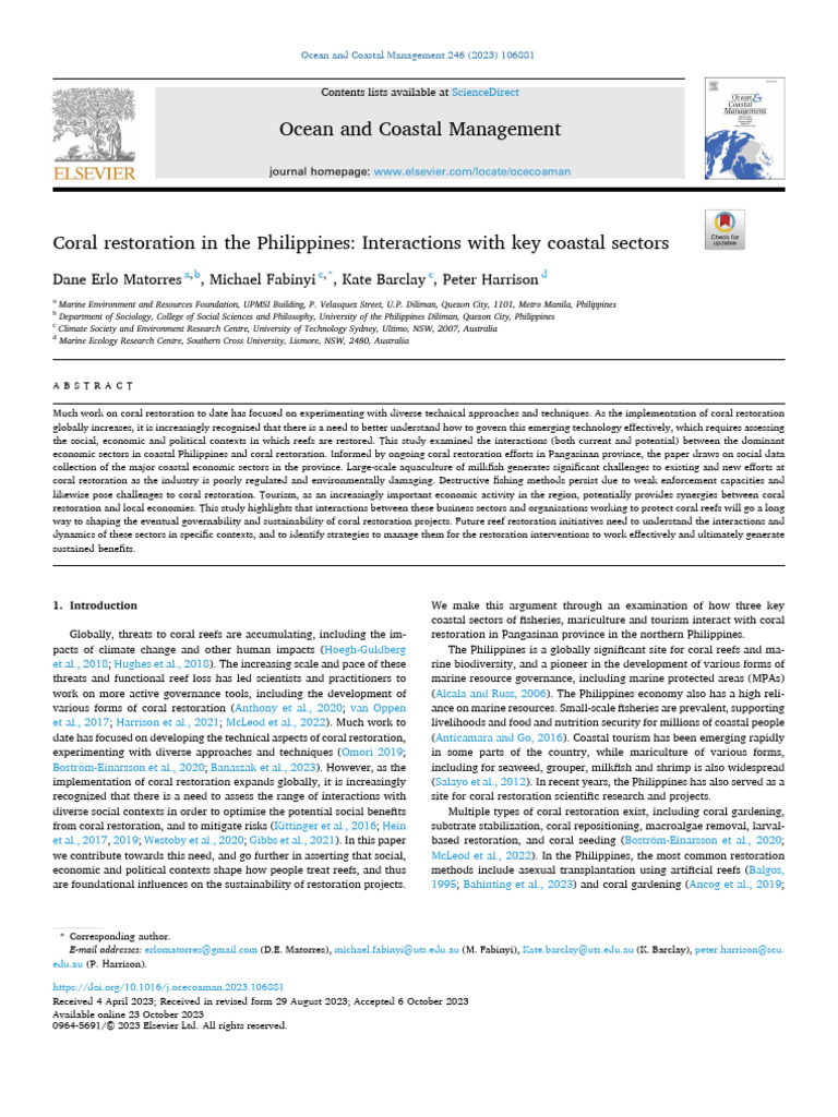 Coral Restoration and Coastal Sectors in the Philippines | PDF ...