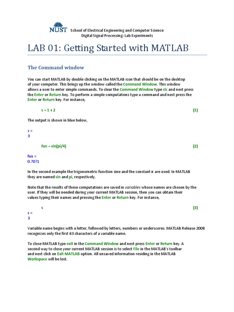 MATLAB Basics for Signal Processing Lab | PDF | Matlab | Pi