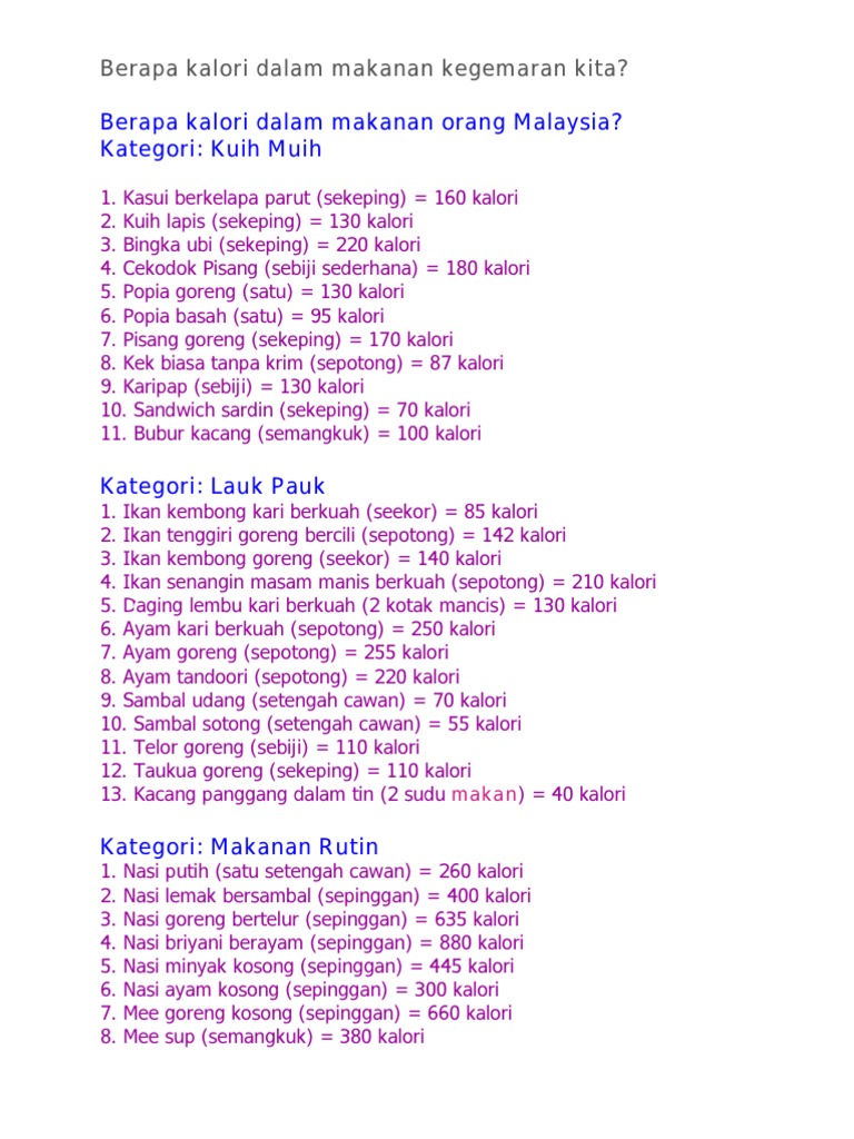 Berapa Kalori Dalam Makanan Kegemaran Kita Pdf