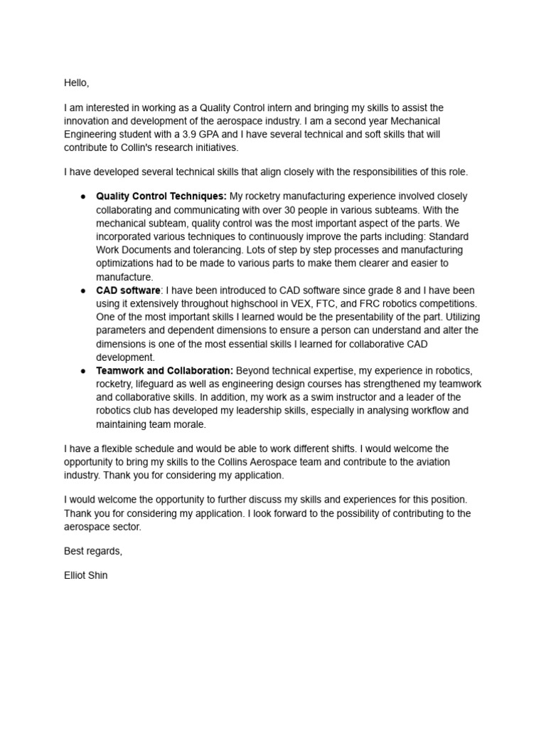 Quality Control Intern Application - Elliot Shin | PDF