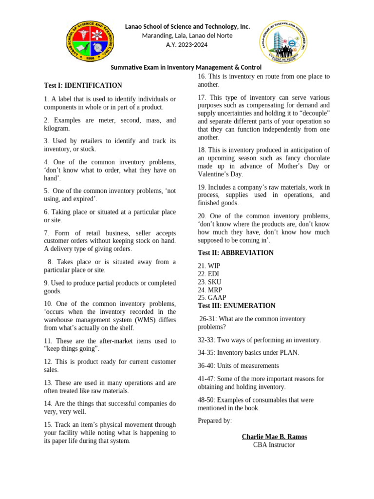 Inventory Management Exam 2023-2024 | PDF | Inventory | Business Economics