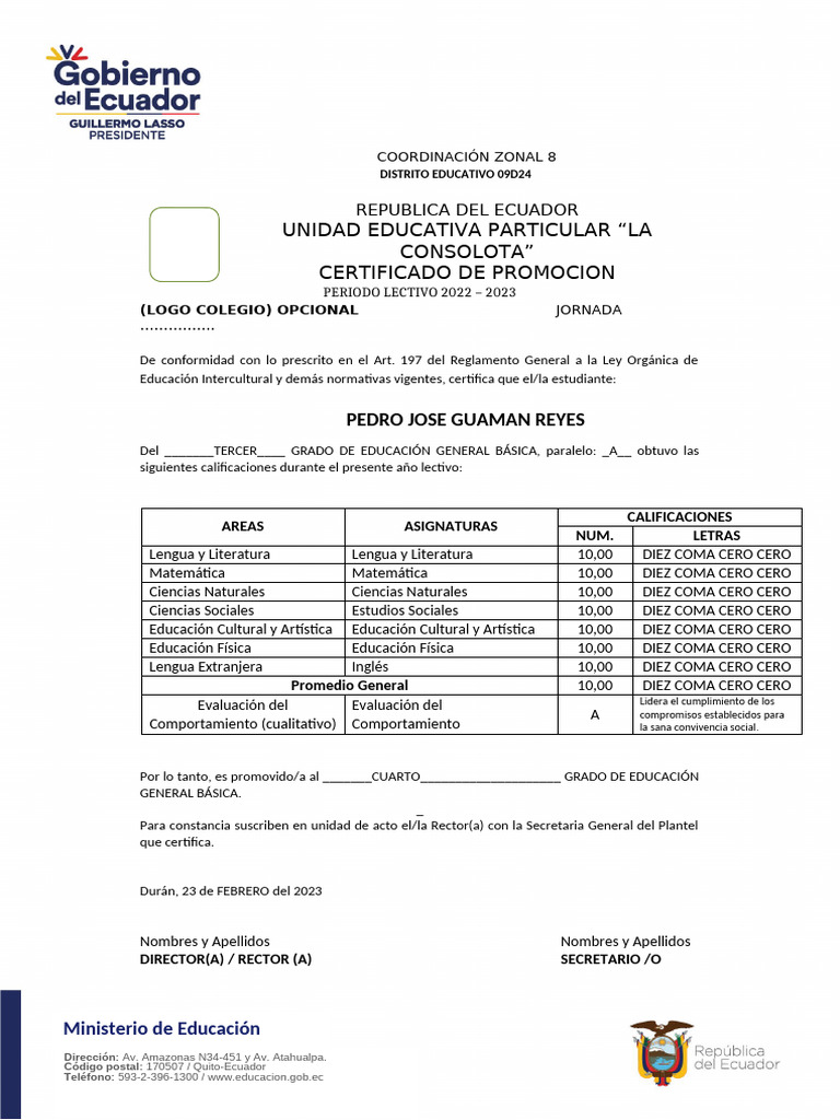 Certificado de Promoción Escolar 2023 | PDF