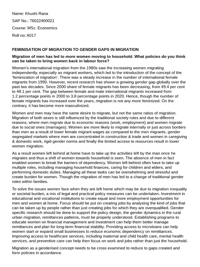 Feminisation of Migration To Gender Gaps in Migration | PDF | Human ...