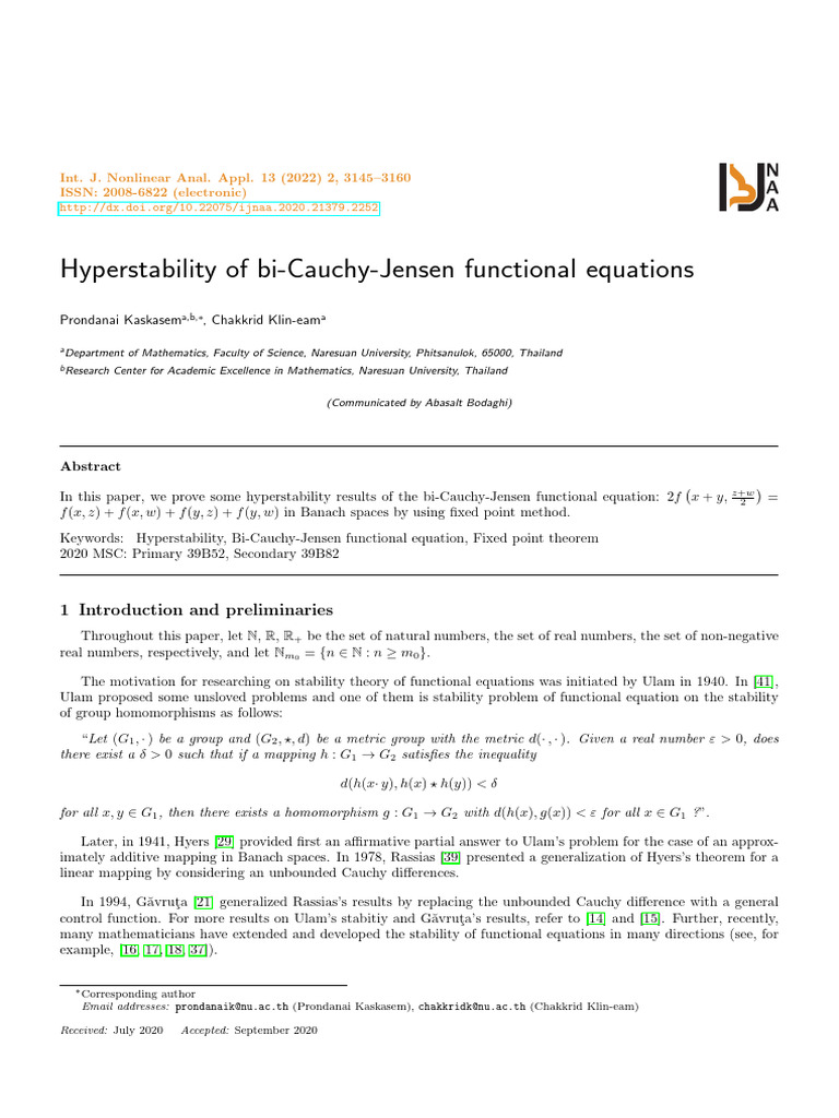 Hyperstability of Bi-Cauchy-Jensen Equations | PDF | Real Number | Algebra