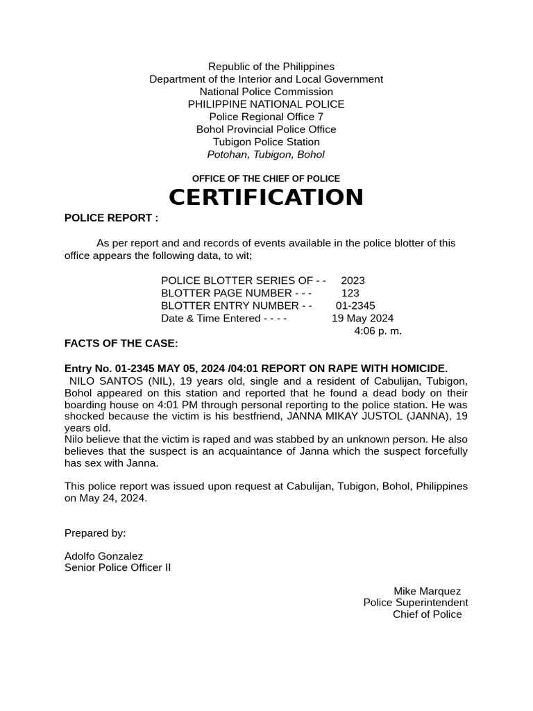 Certification: Police Report | PDF