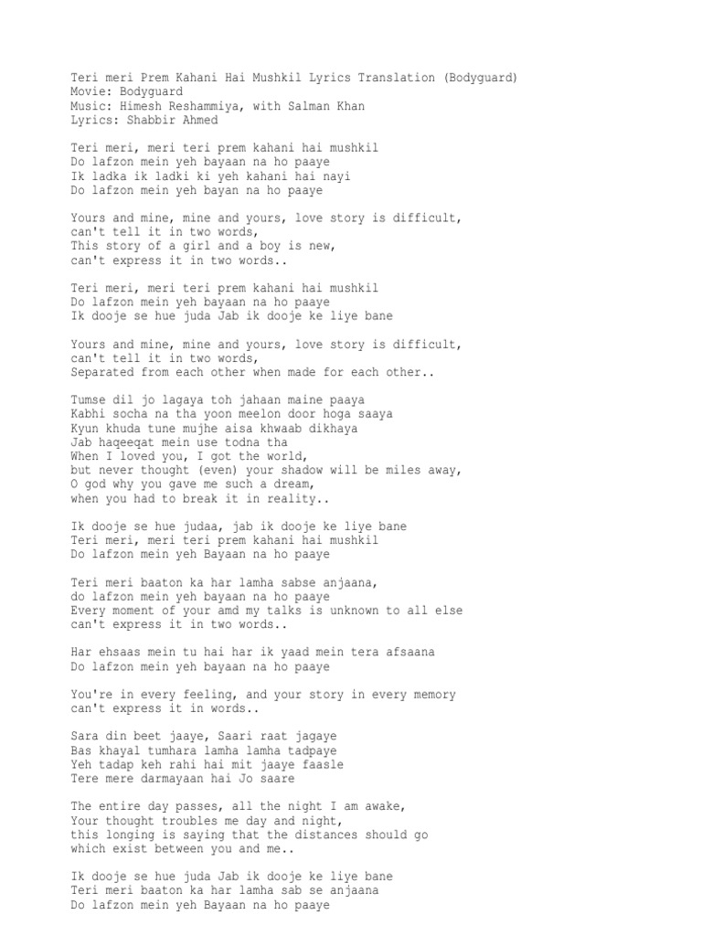 Teri Meri Song Pdf Hindi Language Media Bollywood