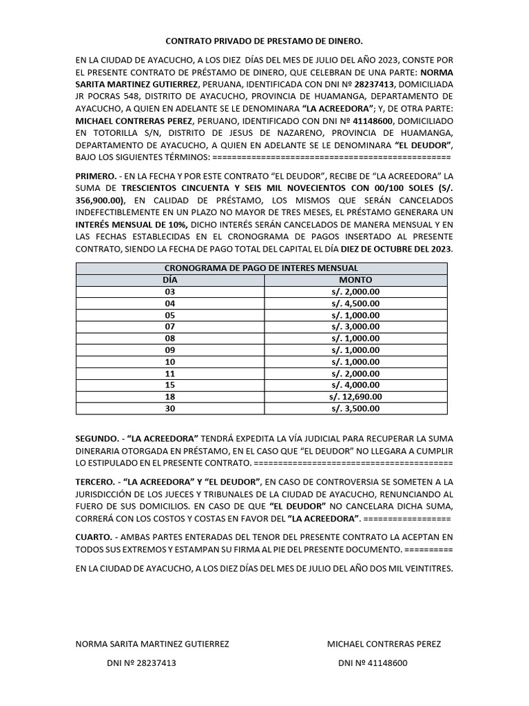 Contrato Privado de Prestamo de Dinero | PDF