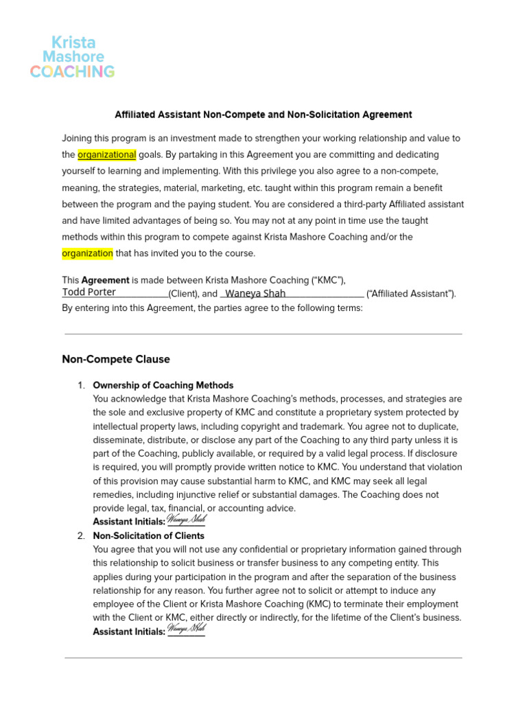 Affiliated Assistant Non-Compete and Non-Solicitation Agreement Created ...
