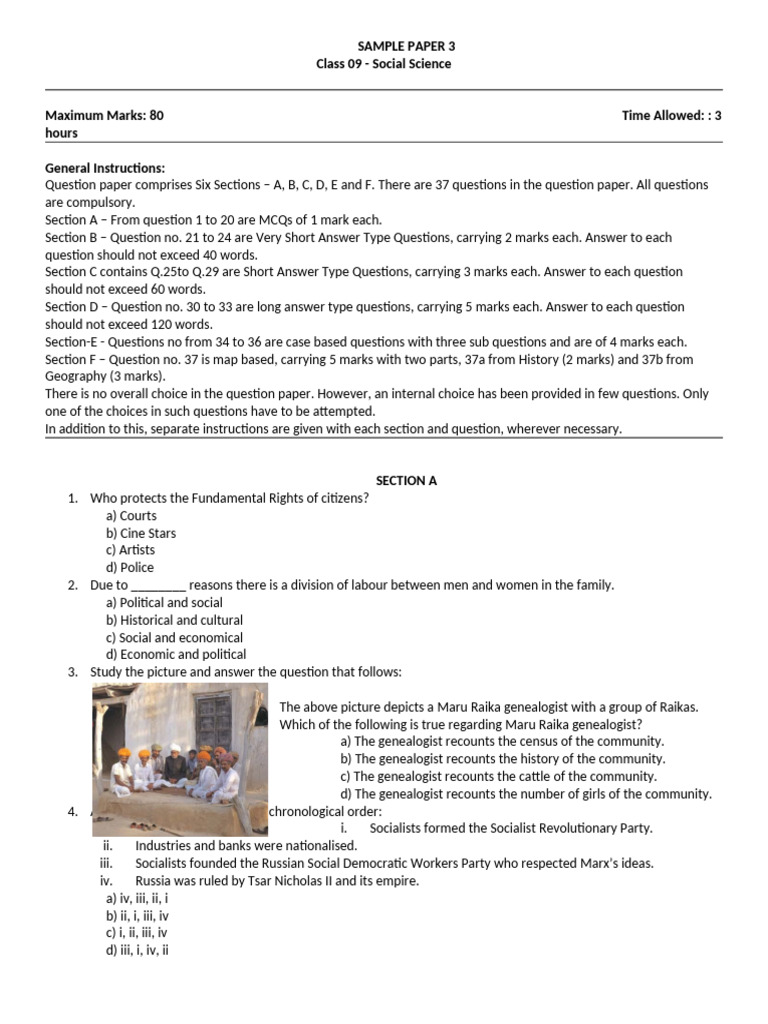 Class 9 Social Science Sample Paper | PDF