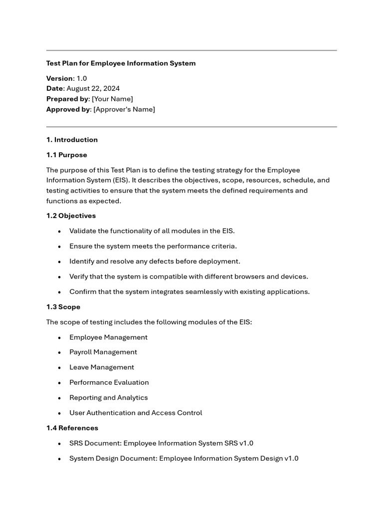 Employee Information System Test Plan | PDF | Software Testing ...
