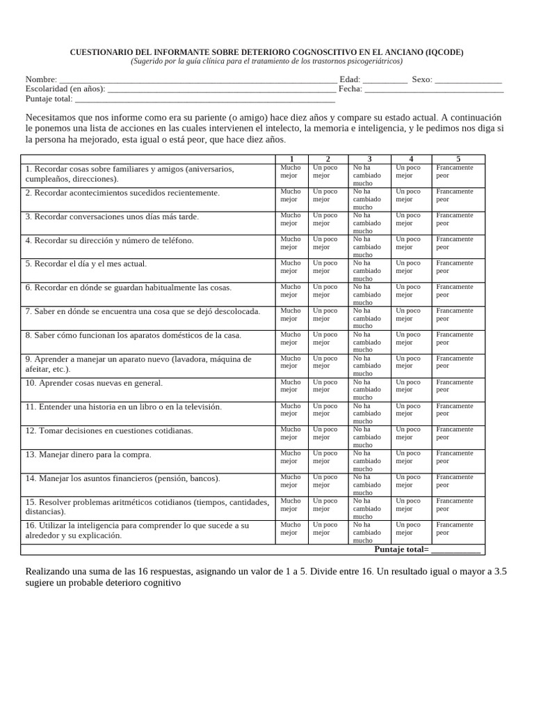 Cuestionario IQCODE para Deterioro Cognitivo | PDF | Cognición | Sicología
