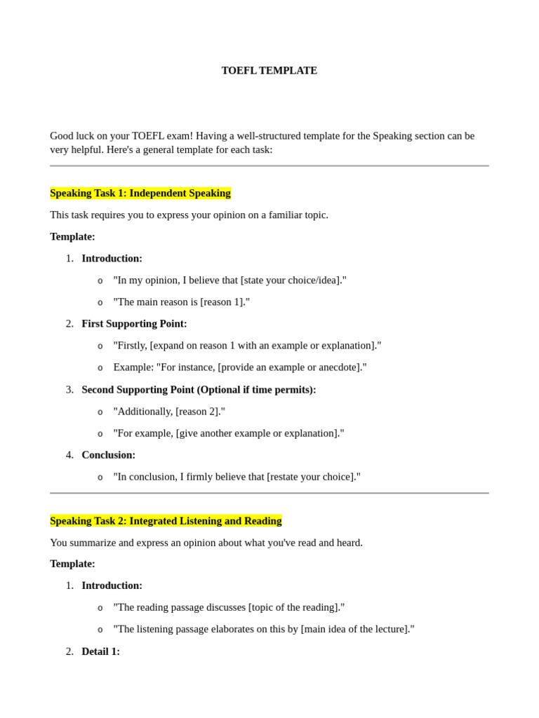 TOEFL TEMPLATE PDF Test Of English As A Foreign Language Human
